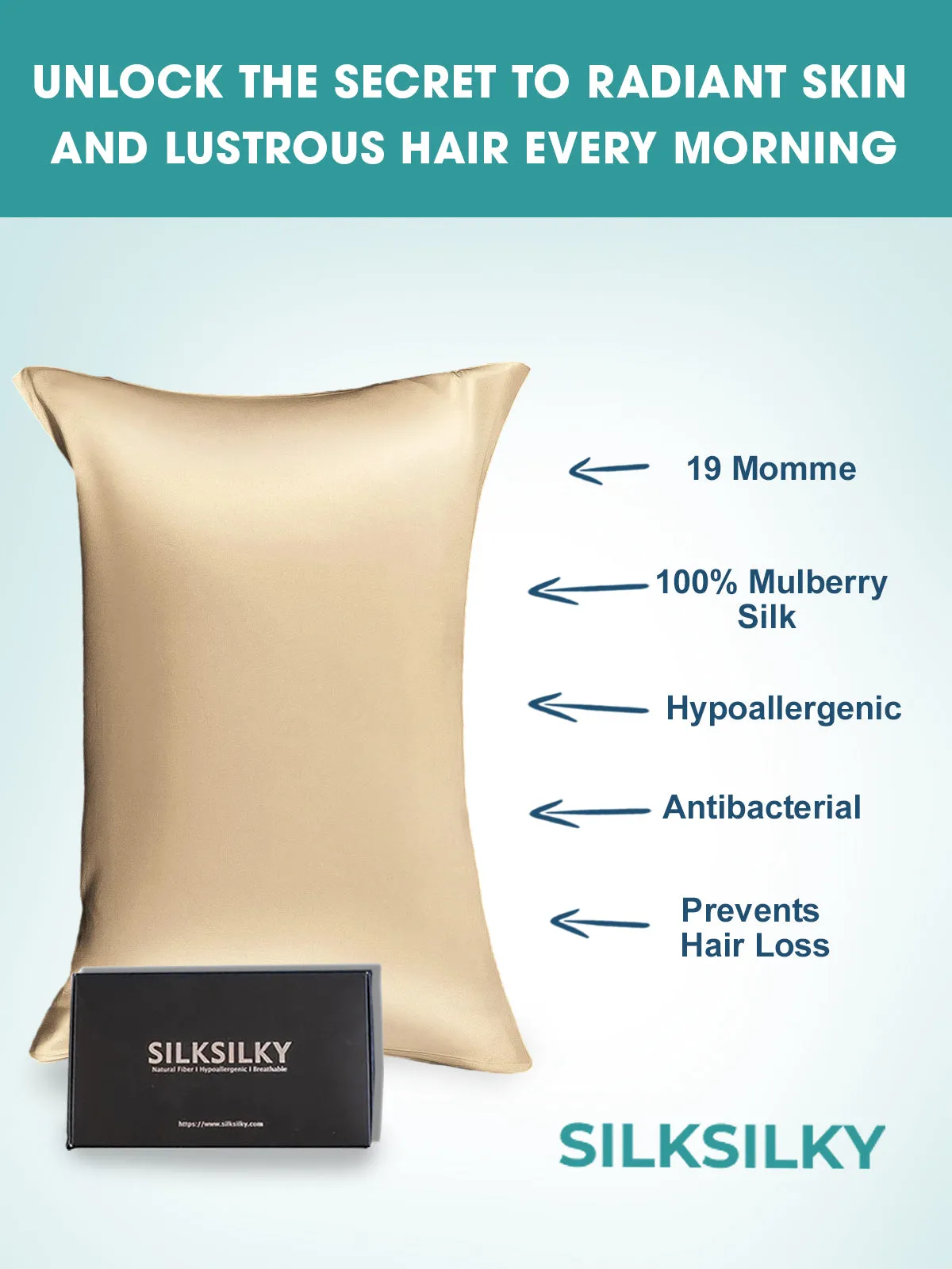 100% Mulberry Silk Pudebetrk med Kuvertlukning