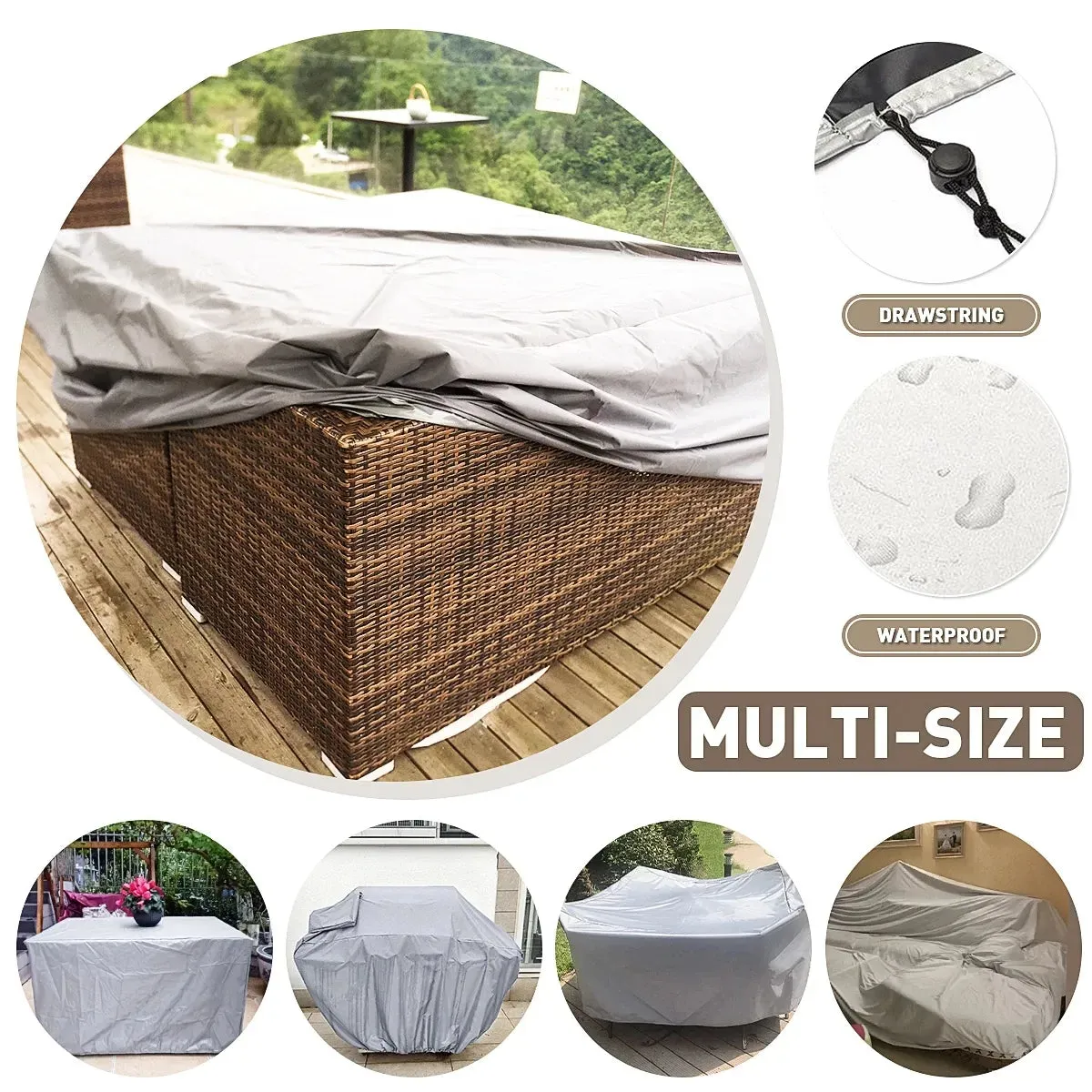68 Size Silver Garden Patio Protective Cover Oxford Cloth Furniture Dust Cover Rattan Table and Chair Sofa Waterproof Rain Cover