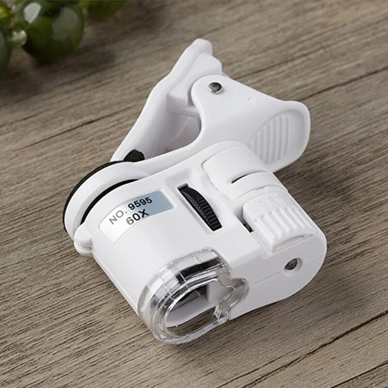 Clip Microscope 60x Led Jewelry Magnifying Glass Focusing Adjusted Pocket Microscope with Cell Phone Clip Uv Light
