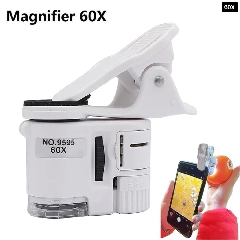 Clip Microscope 60x Led Jewelry Magnifying Glass Focusing Adjusted Pocket Microscope with Cell Phone Clip Uv Light