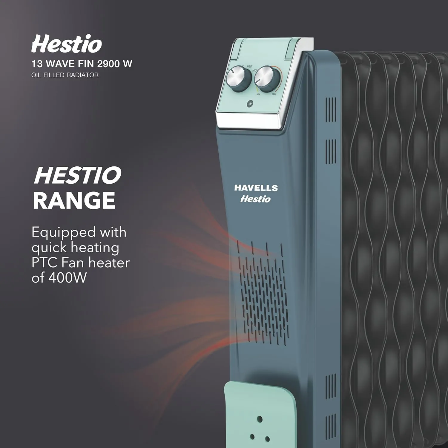 Havells GHROFCJN240 Hestio 9 Wave Fin OFR 2400 Watt with 3 Heat Setting "800W/1200W/2000W" & PTC Heater 400W (Blue & Black)