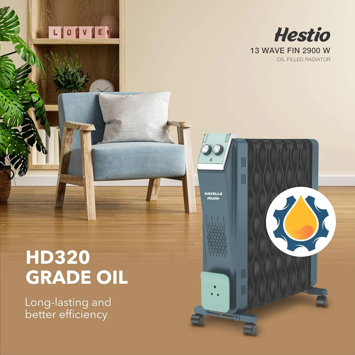 Havells GHROFCJN240 Hestio 9 Wave Fin OFR 2400 Watt with 3 Heat Setting "800W/1200W/2000W" & PTC Heater 400W (Blue & Black)
