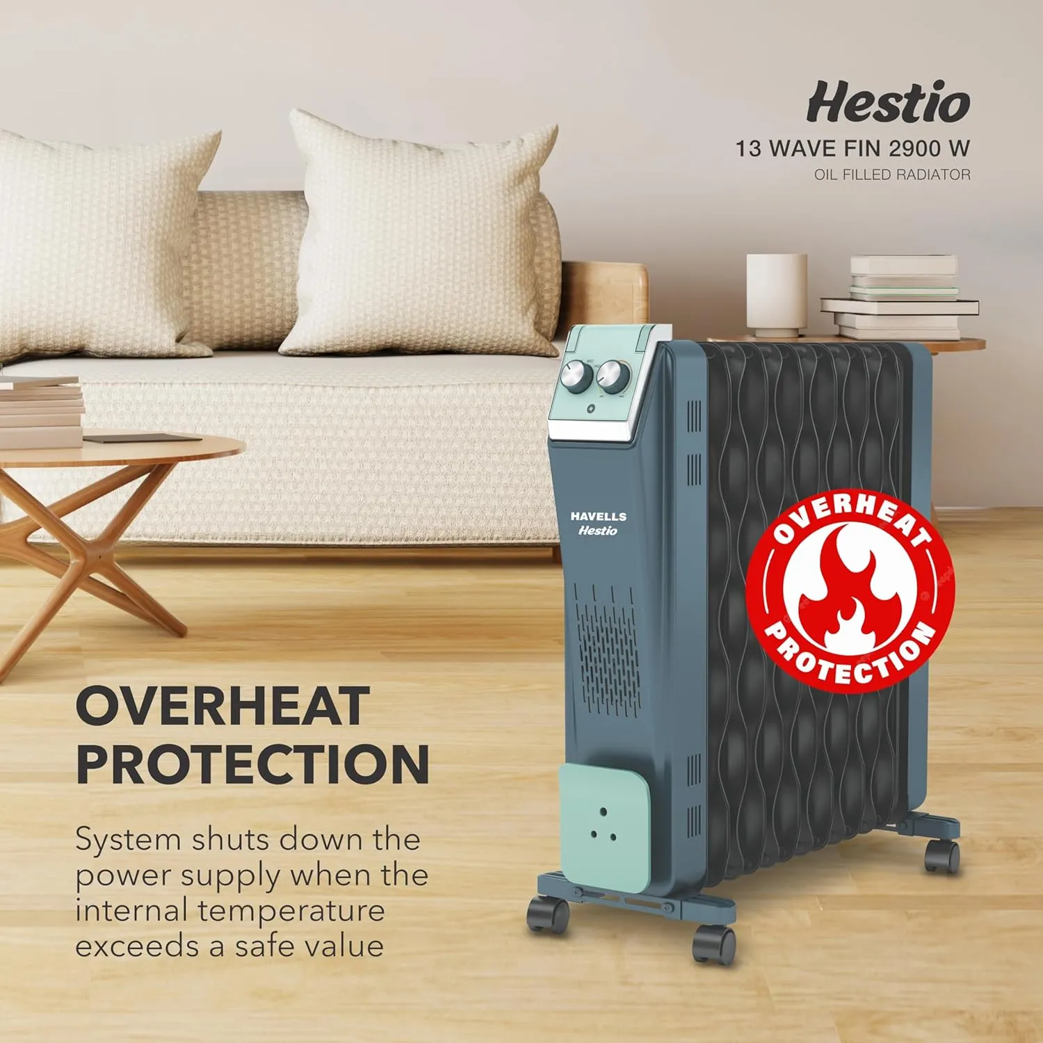 Havells GHROFCJN240 Hestio 9 Wave Fin OFR 2400 Watt with 3 Heat Setting "800W/1200W/2000W" & PTC Heater 400W (Blue & Black)
