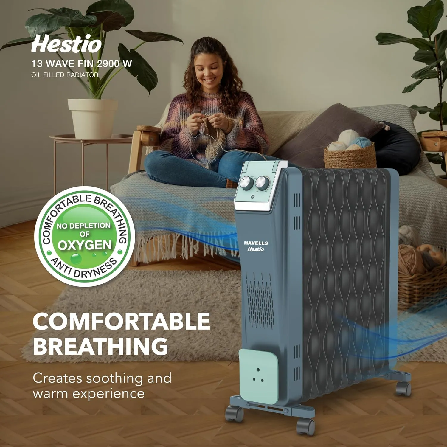 Havells GHROFCJN240 Hestio 9 Wave Fin OFR 2400 Watt with 3 Heat Setting "800W/1200W/2000W" & PTC Heater 400W (Blue & Black)