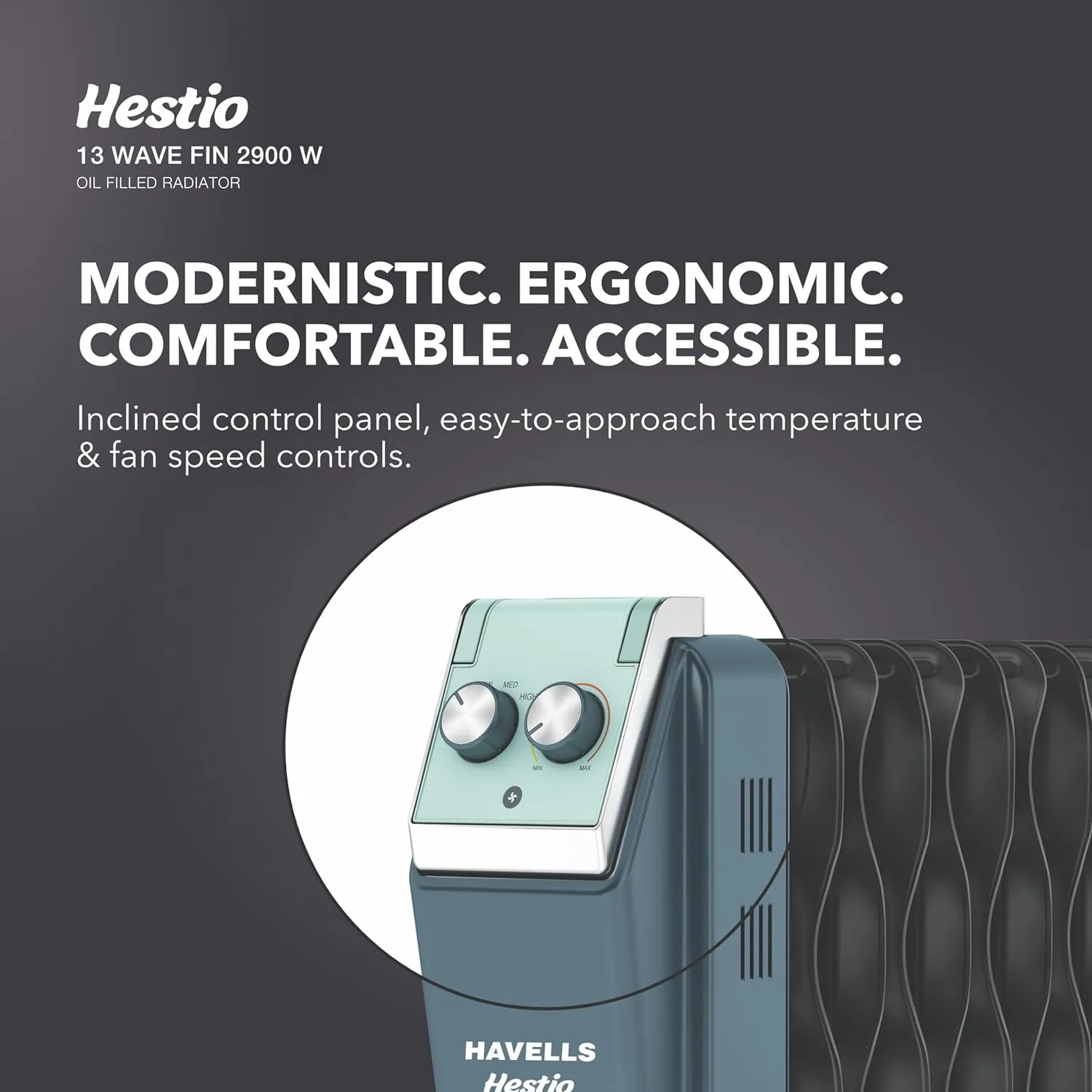 Havells GHROFCJN240 Hestio 9 Wave Fin OFR 2400 Watt with 3 Heat Setting "800W/1200W/2000W" & PTC Heater 400W (Blue & Black)