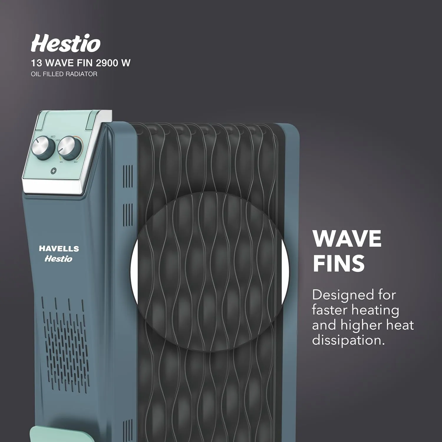 Havells GHROFCJN240 Hestio 9 Wave Fin OFR 2400 Watt with 3 Heat Setting "800W/1200W/2000W" & PTC Heater 400W (Blue & Black)