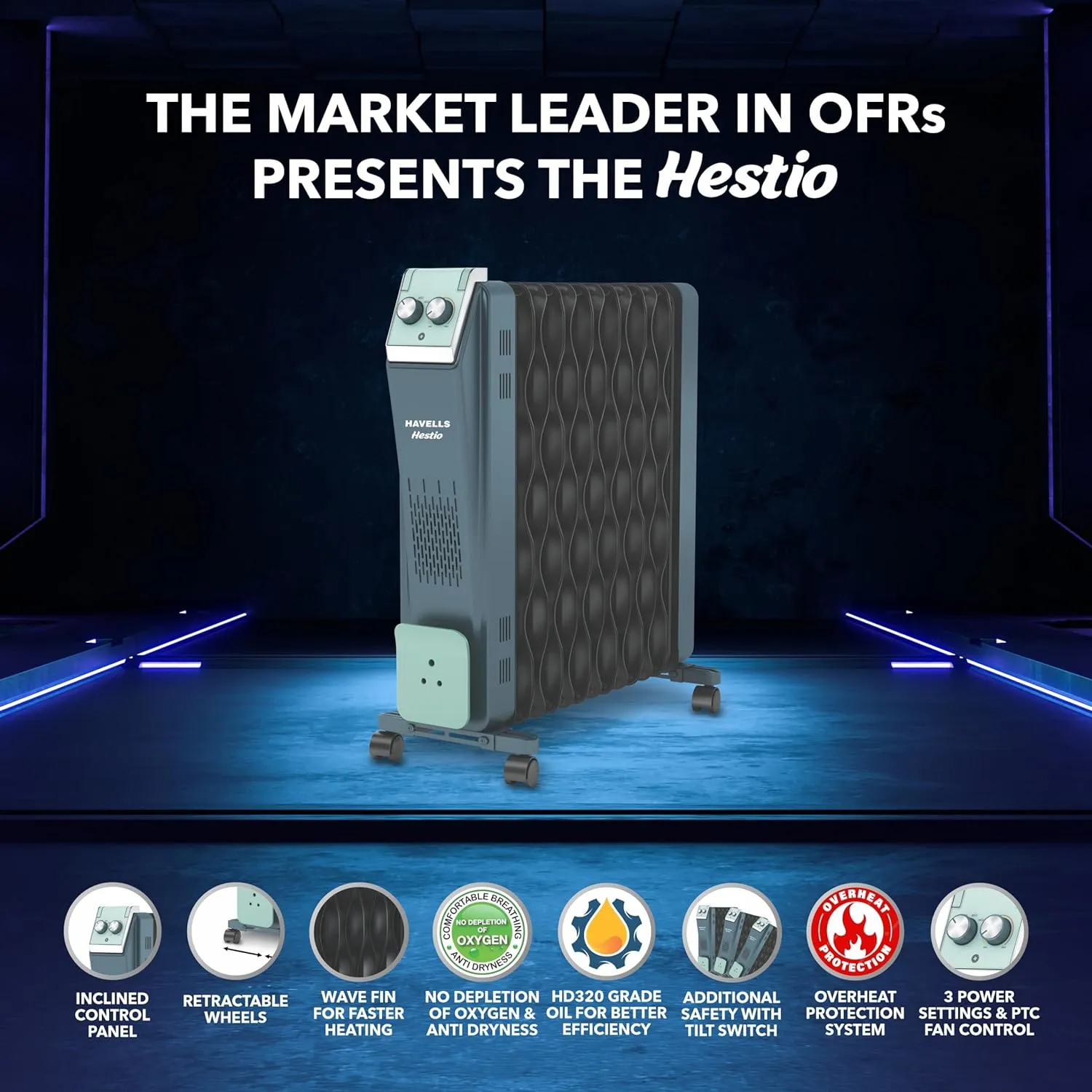Havells GHROFCJN240 Hestio 9 Wave Fin OFR 2400 Watt with 3 Heat Setting "800W/1200W/2000W" & PTC Heater 400W (Blue & Black)