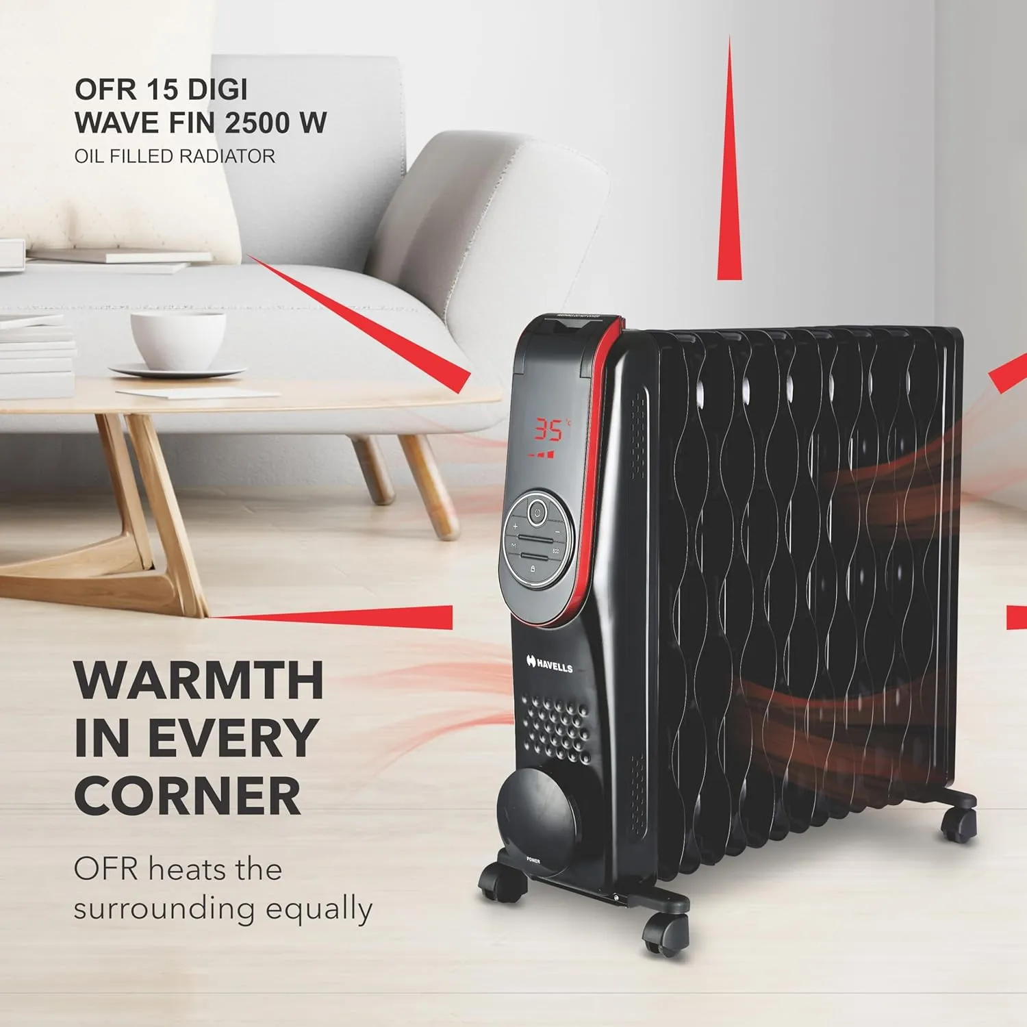 Havells OFR 15 Wave Fin DIGI with 3 Heat Setting, (GHROFBZK250) 2500 watt, Automatic Digital Control of Temperature, Overheat Protection, Digital Display (Black)