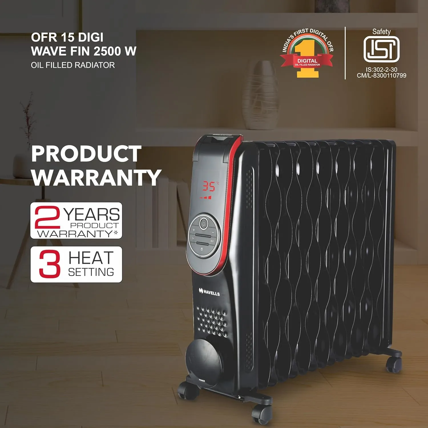 Havells OFR 15 Wave Fin DIGI with 3 Heat Setting, (GHROFBZK250) 2500 watt, Automatic Digital Control of Temperature, Overheat Protection, Digital Display (Black)