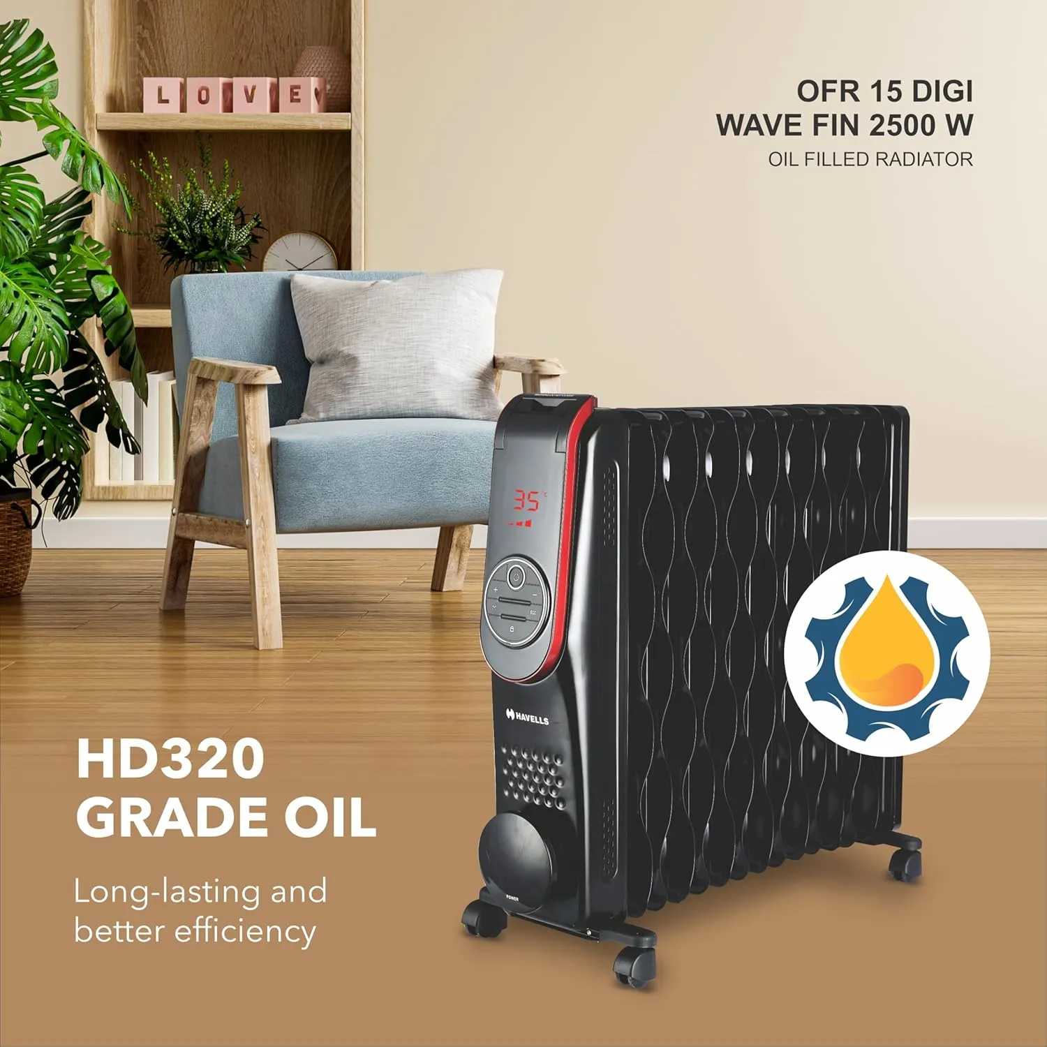 Havells OFR 15 Wave Fin DIGI with 3 Heat Setting, (GHROFBZK250) 2500 watt, Automatic Digital Control of Temperature, Overheat Protection, Digital Display (Black)