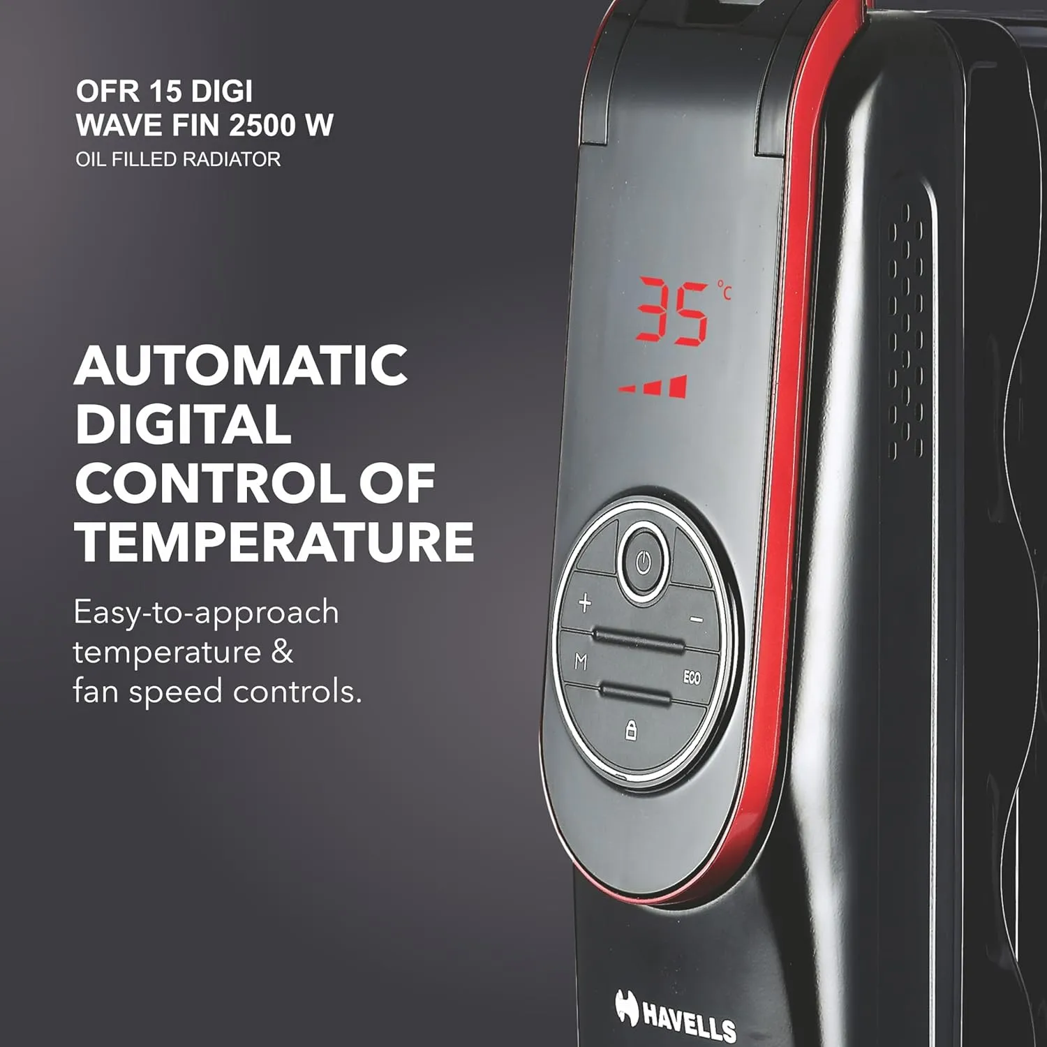 Havells OFR 15 Wave Fin DIGI with 3 Heat Setting, (GHROFBZK250) 2500 watt, Automatic Digital Control of Temperature, Overheat Protection, Digital Display (Black)