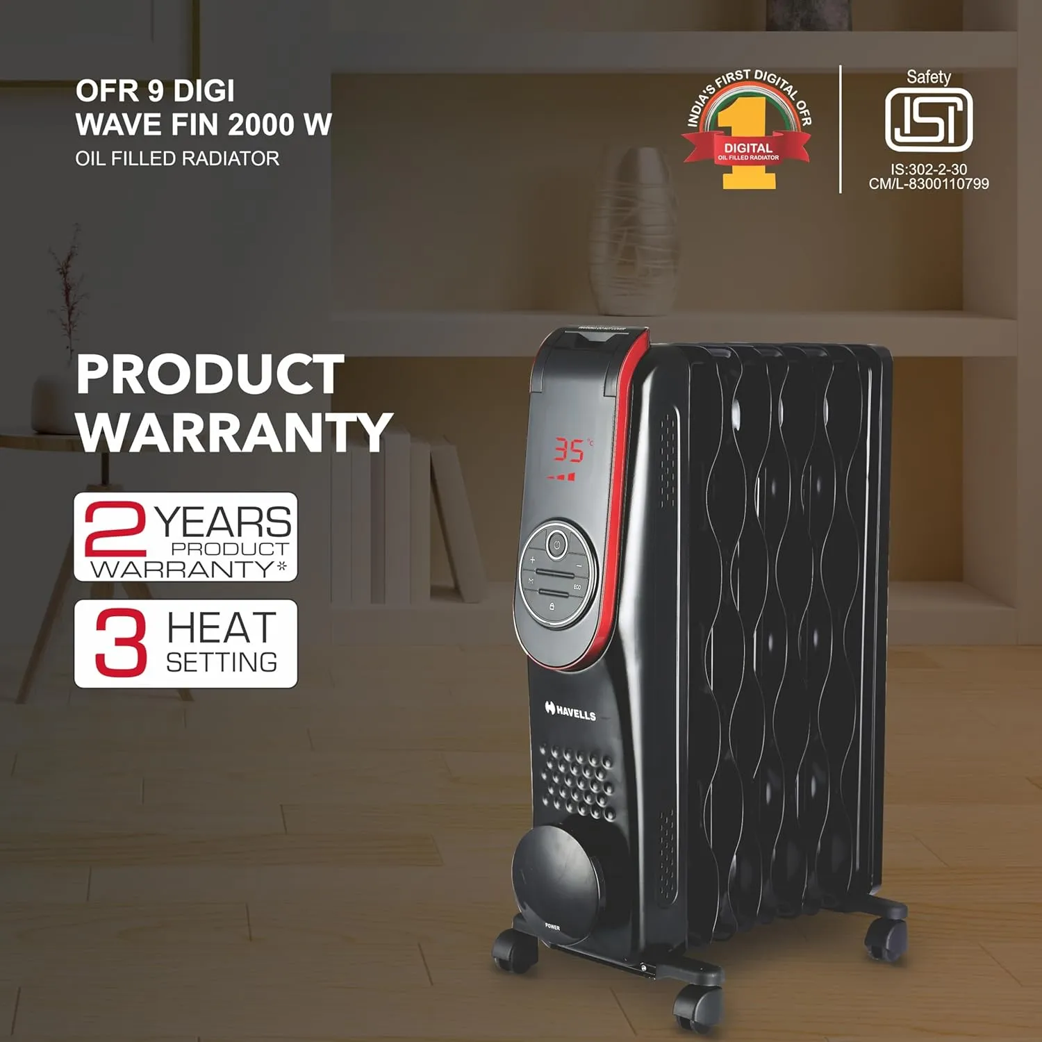 Havells OFR 9 Wave Fins Digital , GHR0FCEK200 2000 watt, Automatic digital control of temperature, Overheat Protection with Remote & Digital Display (Black)