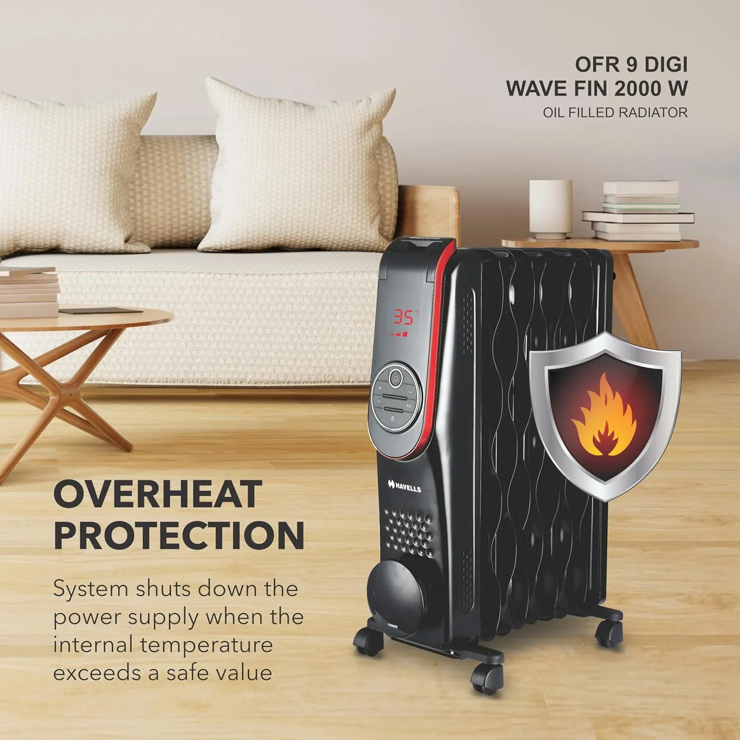 Havells OFR 9 Wave Fins Digital , GHR0FCEK200 2000 watt, Automatic digital control of temperature, Overheat Protection with Remote & Digital Display (Black)