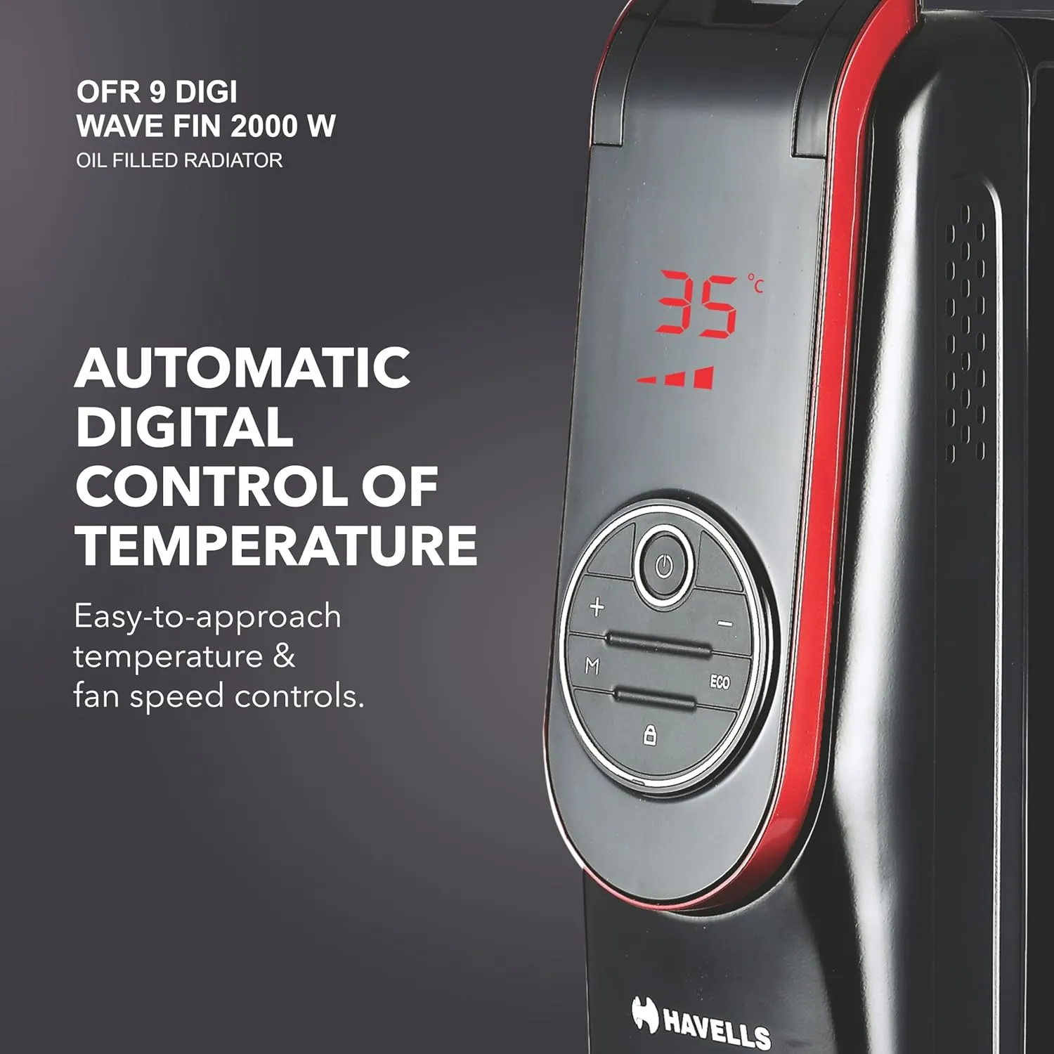 Havells OFR 9 Wave Fins Digital , GHR0FCEK200 2000 watt, Automatic digital control of temperature, Overheat Protection with Remote & Digital Display (Black)