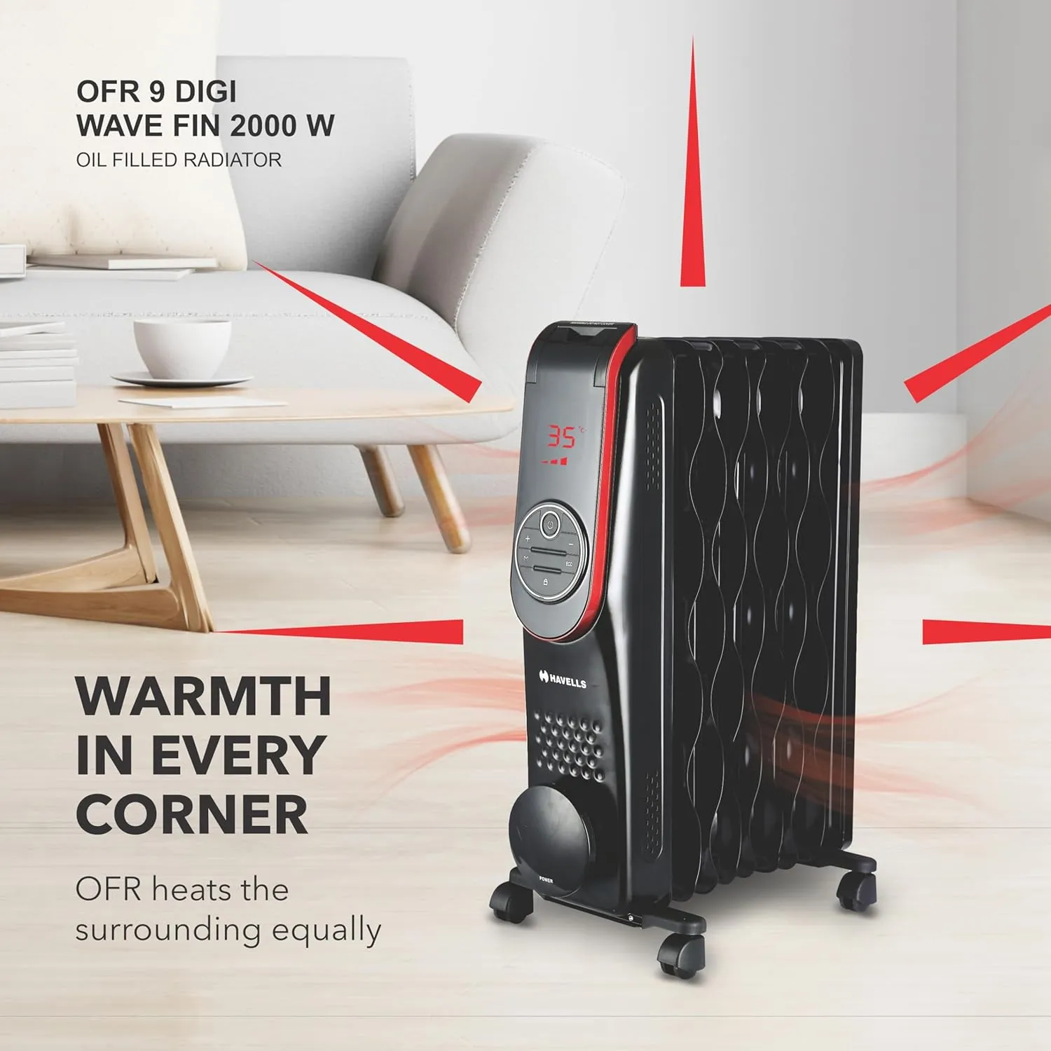 Havells OFR 9 Wave Fins Digital , GHR0FCEK200 2000 watt, Automatic digital control of temperature, Overheat Protection with Remote & Digital Display (Black)