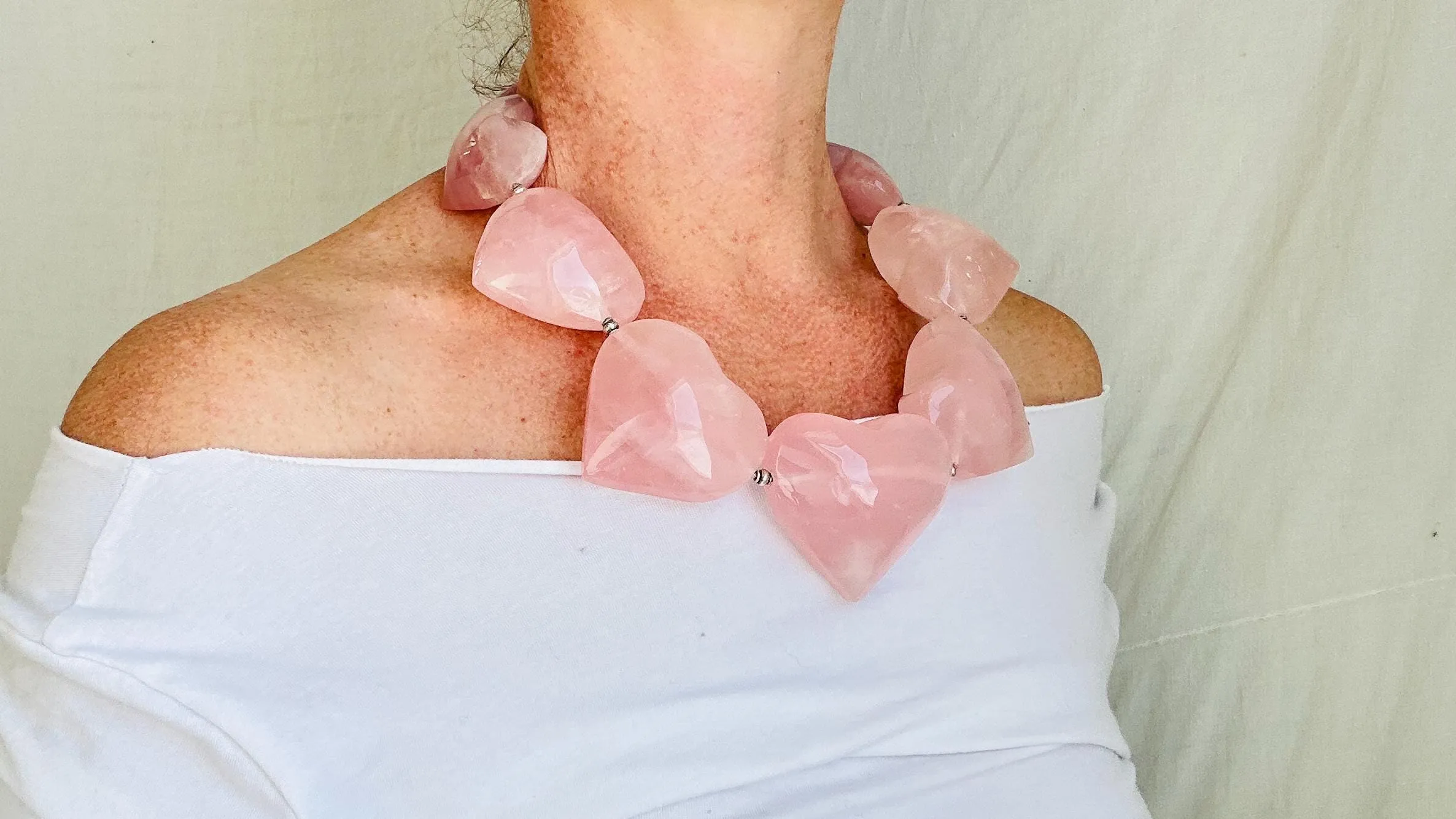 Rose Quartz Heart Necklace. Maximalist Designer Jewelry. Handcrafted with Sterling Silver. 2692
