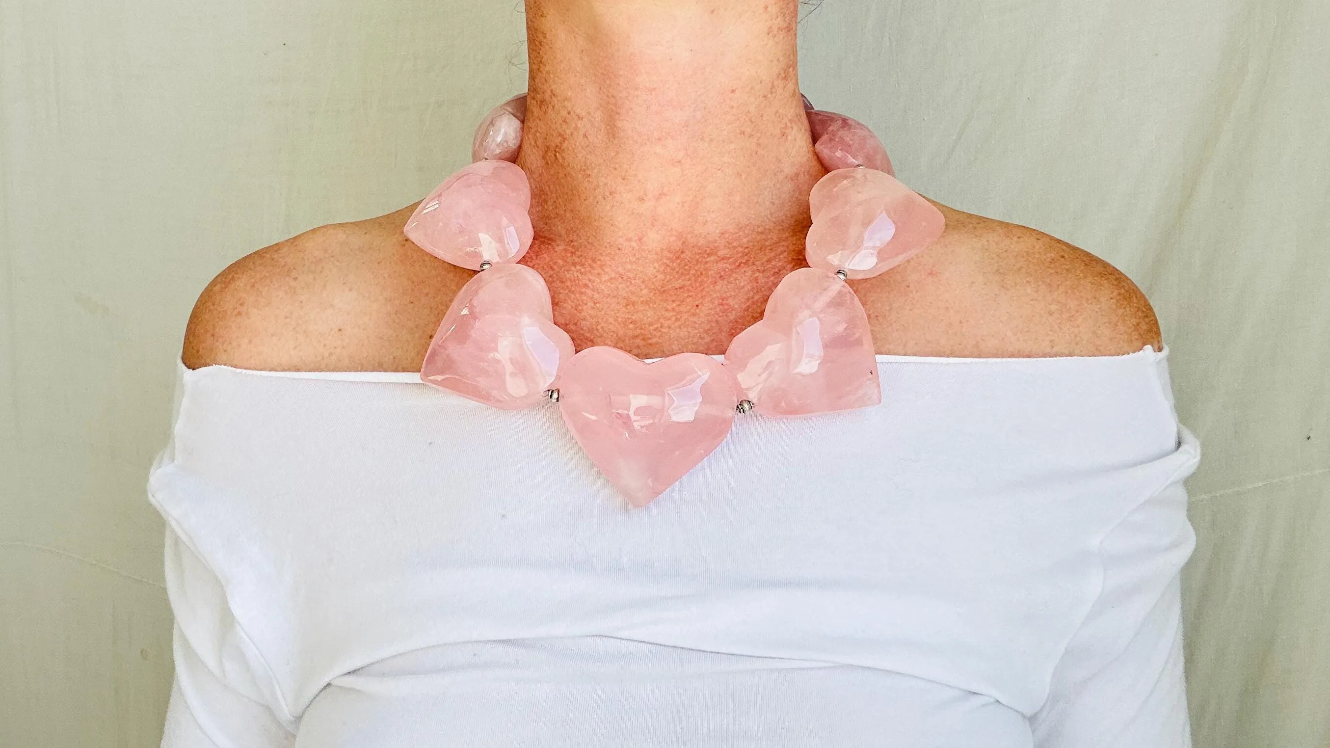 Rose Quartz Heart Necklace. Maximalist Designer Jewelry. Handcrafted with Sterling Silver. 2692