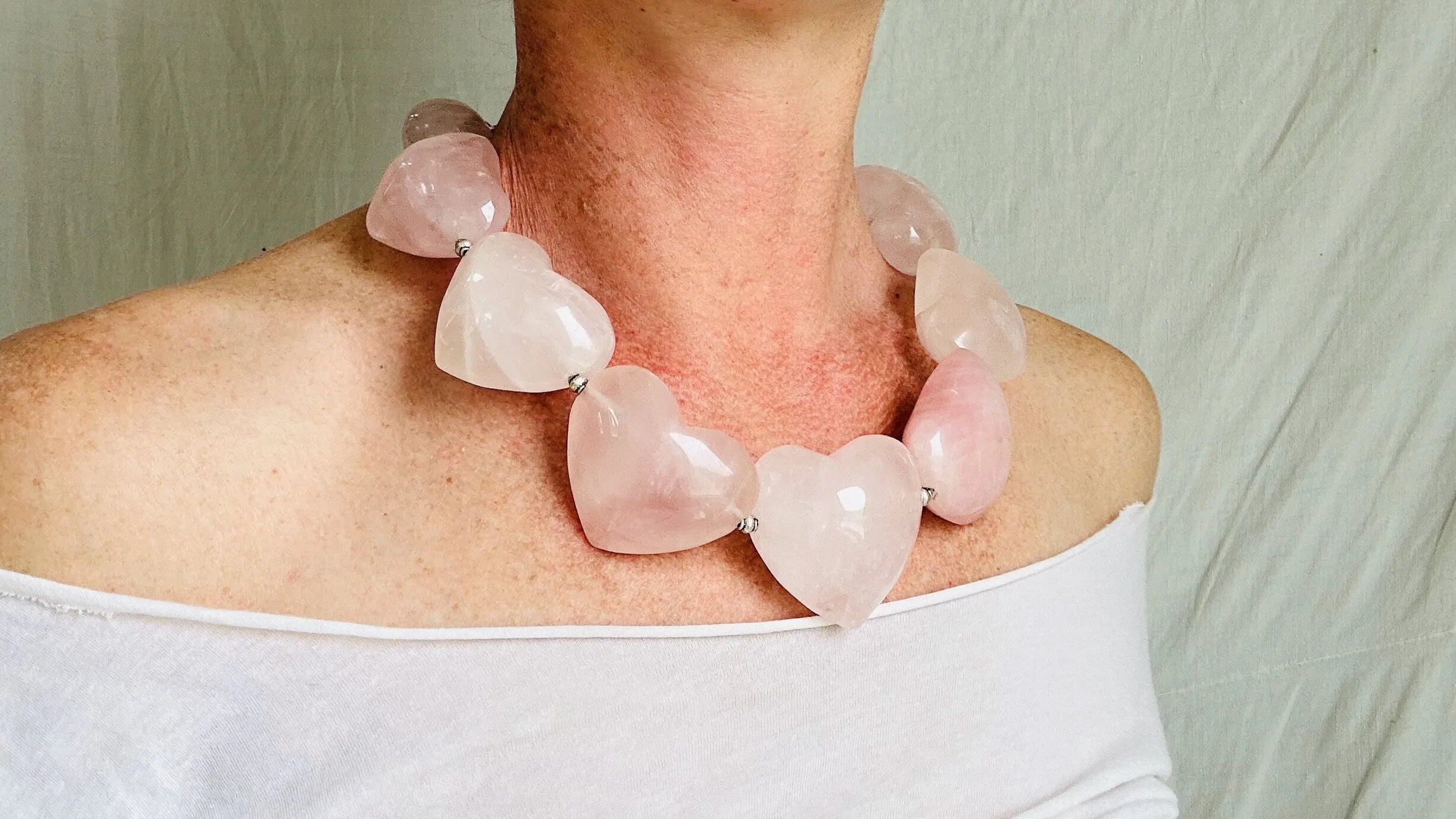 Rose Quartz Heart Necklace. Sterling Silver. 2474