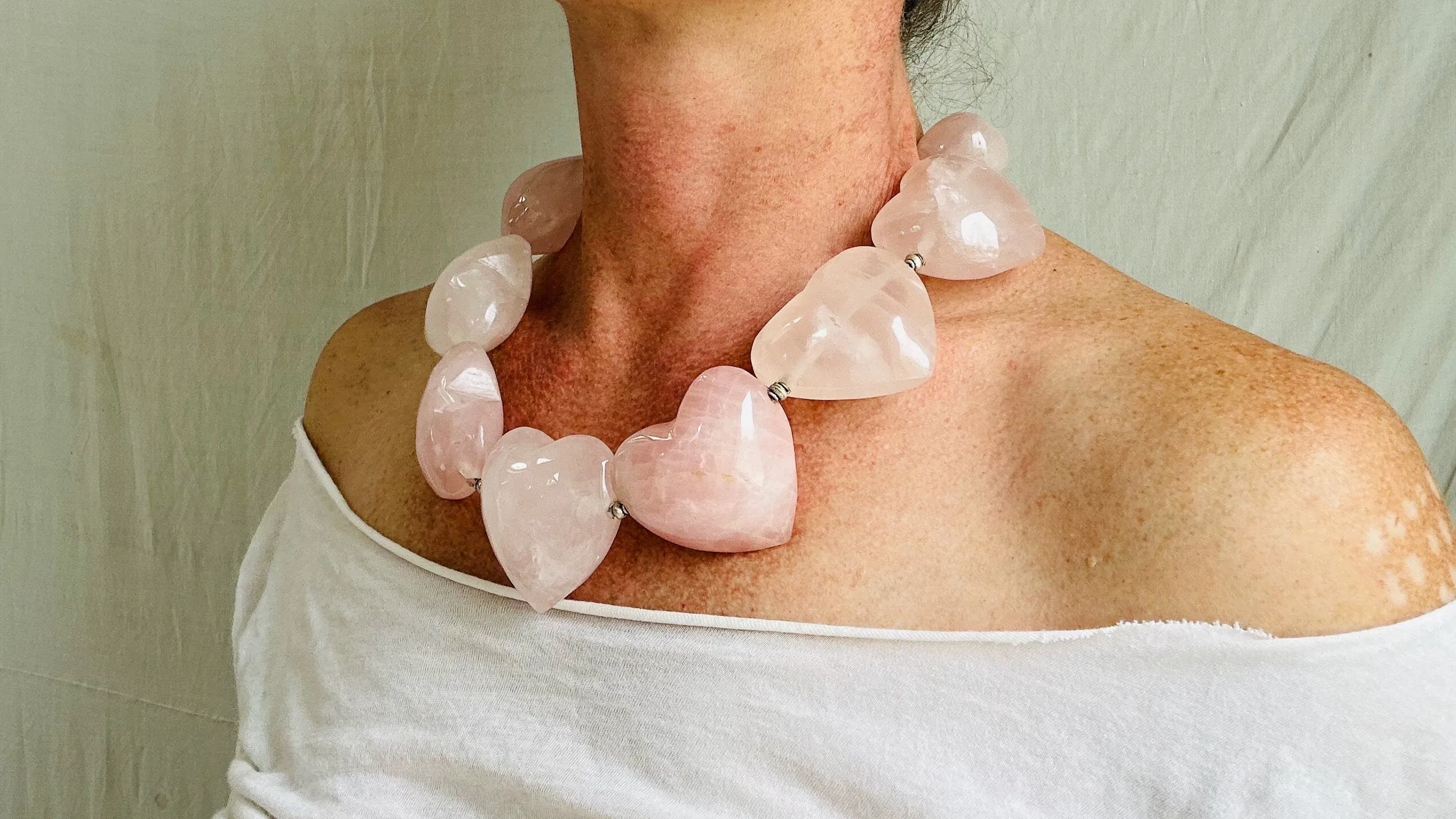 Rose Quartz Heart Necklace. Sterling Silver. 2474