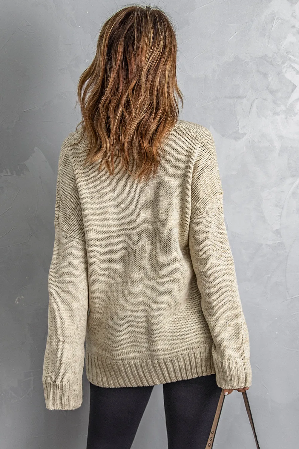 White V Neck Drop Shoulder Knitted Sweater