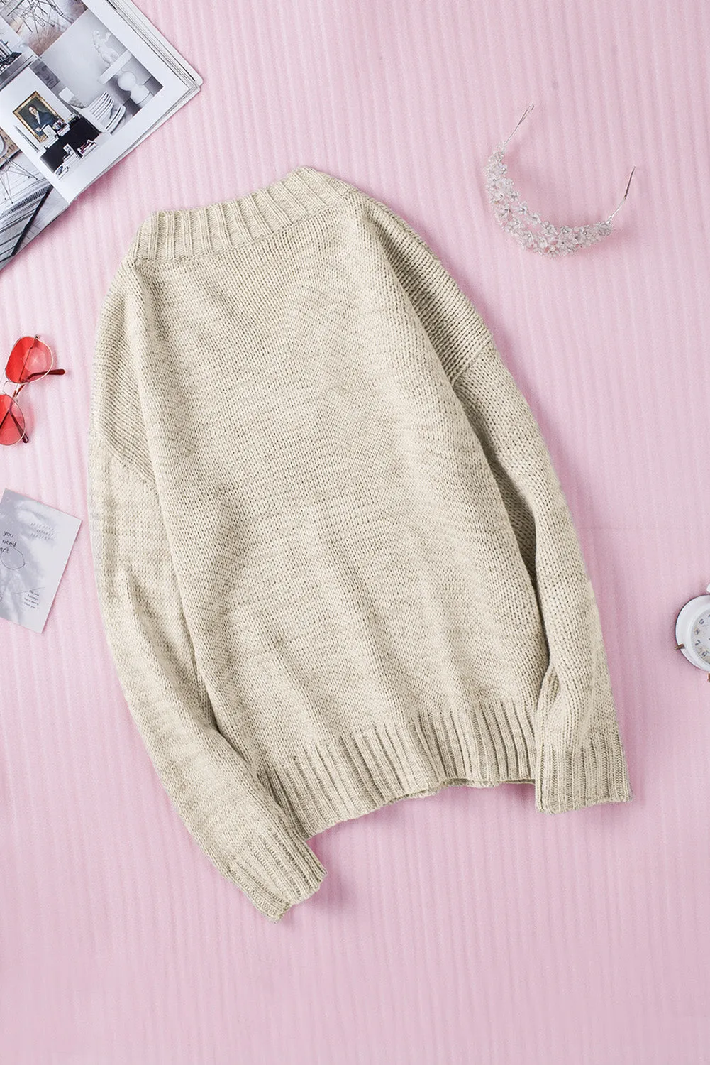 White V Neck Drop Shoulder Knitted Sweater